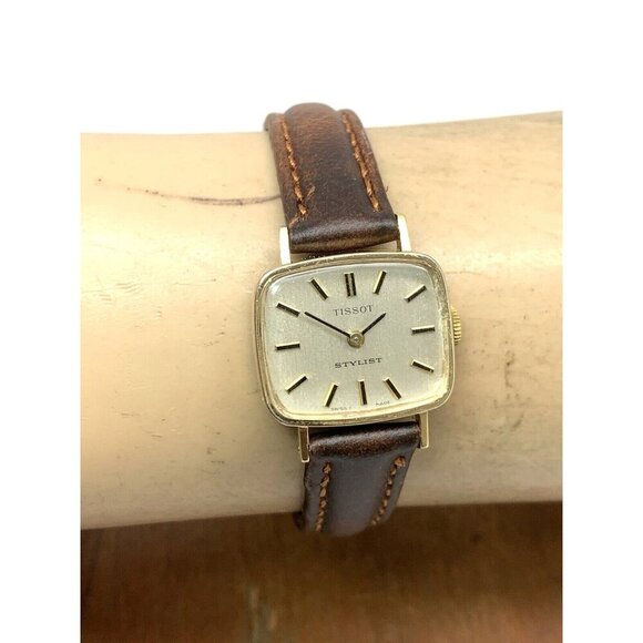 Tissot Womens Watch Vintage Swiss Mechanical Gold Silver Dial Brown Leather Band - Picture 10 of 13